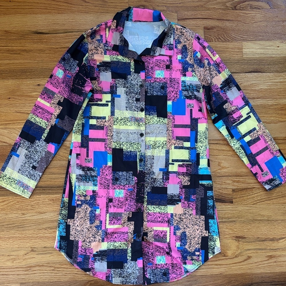 Vibrant Abstract Women's Midi Shirt Dress Sz Medium Retro Art Colorful